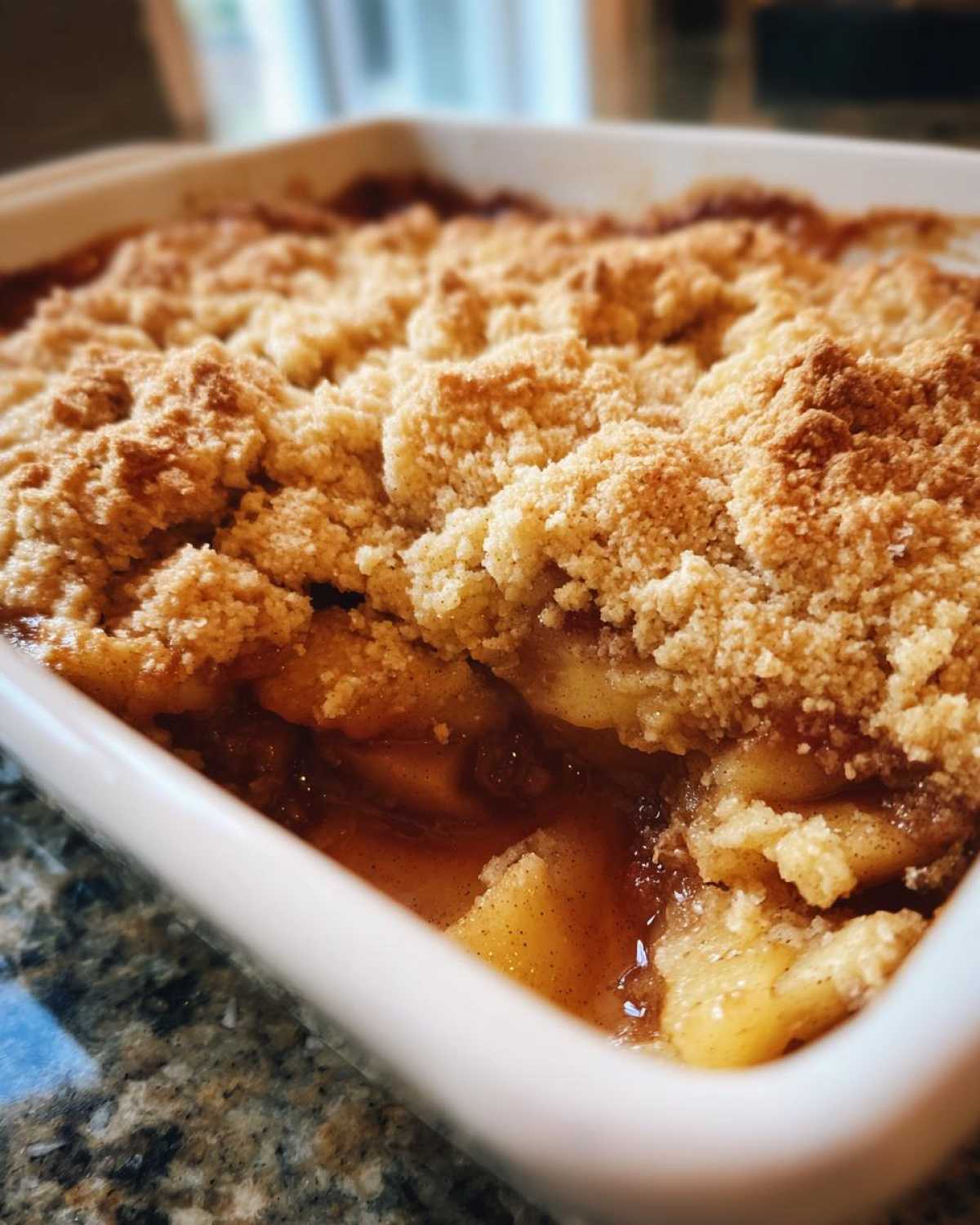 Close-up of a freshly baked apple cobbler recipe with a thick, golden, crumbly topping over bubbling spiced apples.