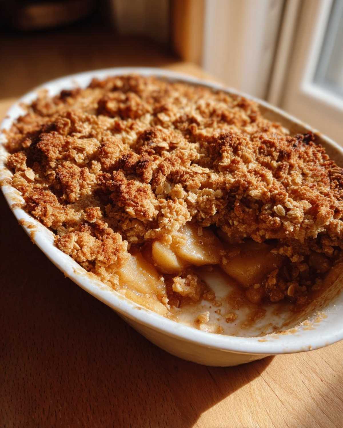 Close-up of a freshly baked apple crisp recipe with a thick, golden oat topping and soft baked apples underneath.