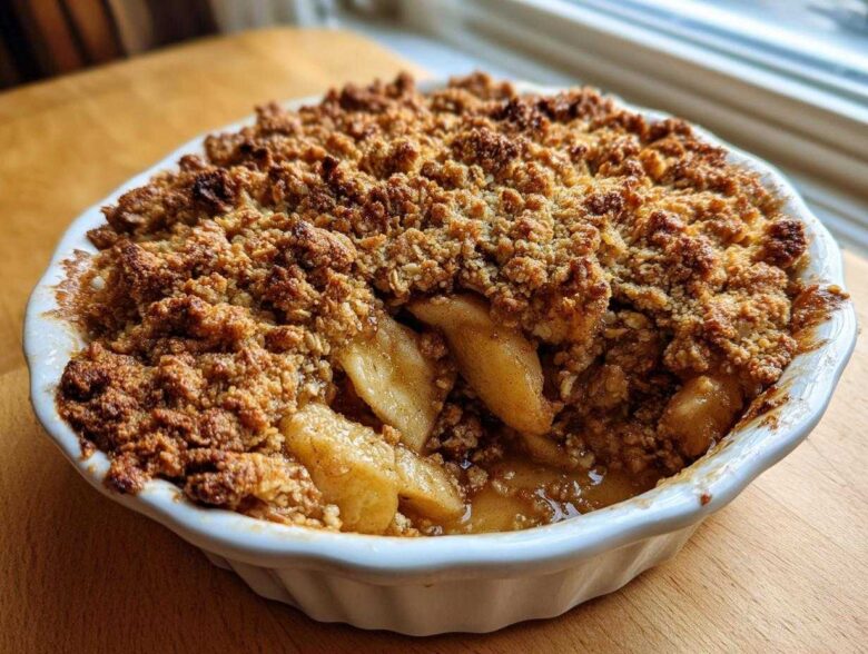 Close-up of a golden brown, bubbling apple crisp recipe baked in a white dish.