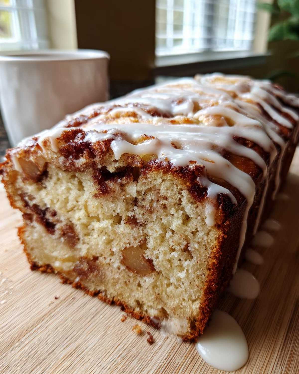 A close-up view of a sliced apple fritter bread loaf drizzled heavily with white vanilla glaze.
