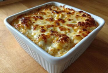 A square white baking dish filled with hot, creamy baked corn dip topped with bubbly, golden-brown melted cheese.