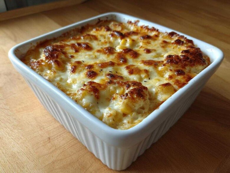 A square white baking dish filled with hot, creamy baked corn dip topped with bubbly, golden-brown melted cheese.