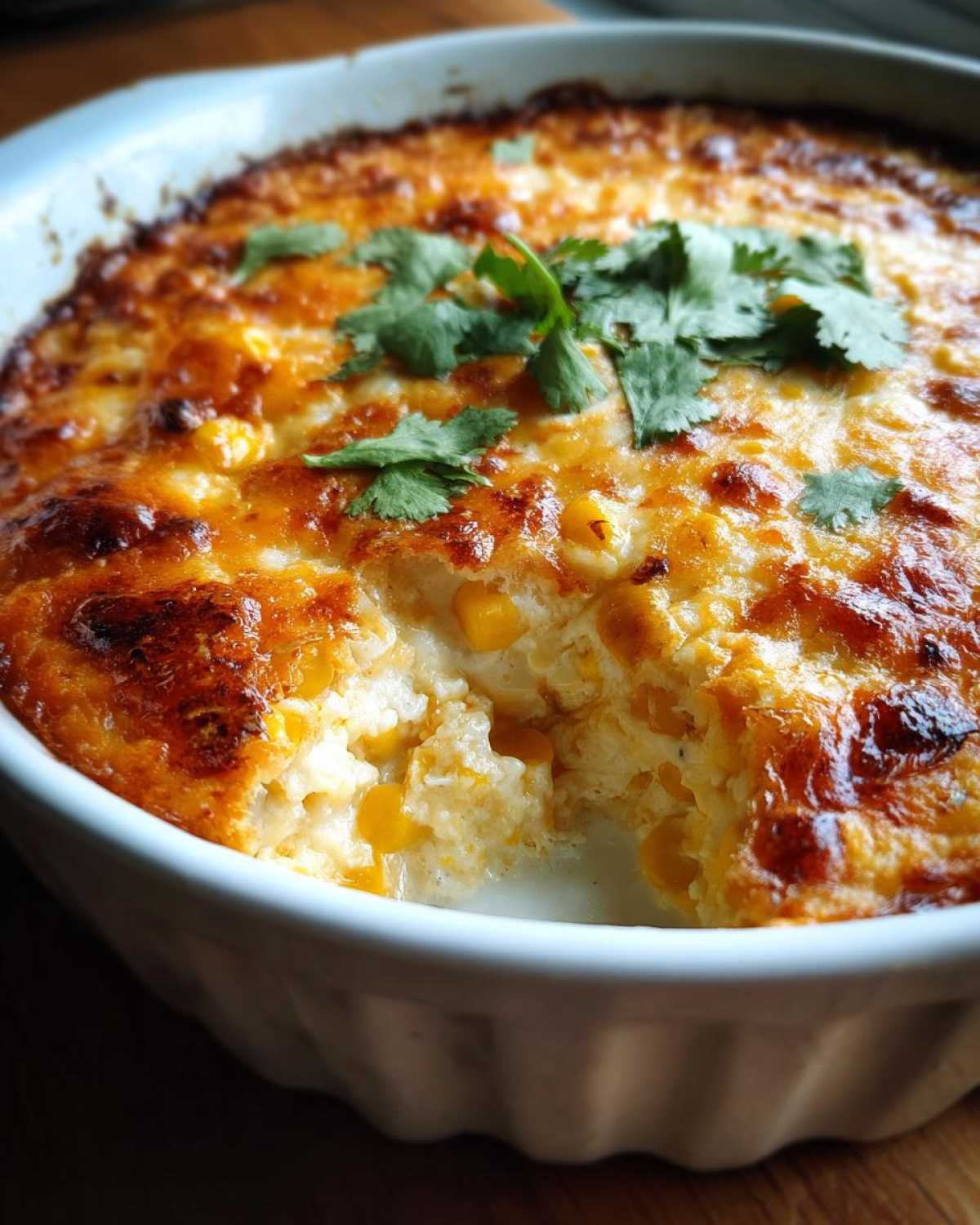 Close-up of a baked corn dip with cream cheese, showing a bubbly, golden-brown cheesy top garnished with cilantro.