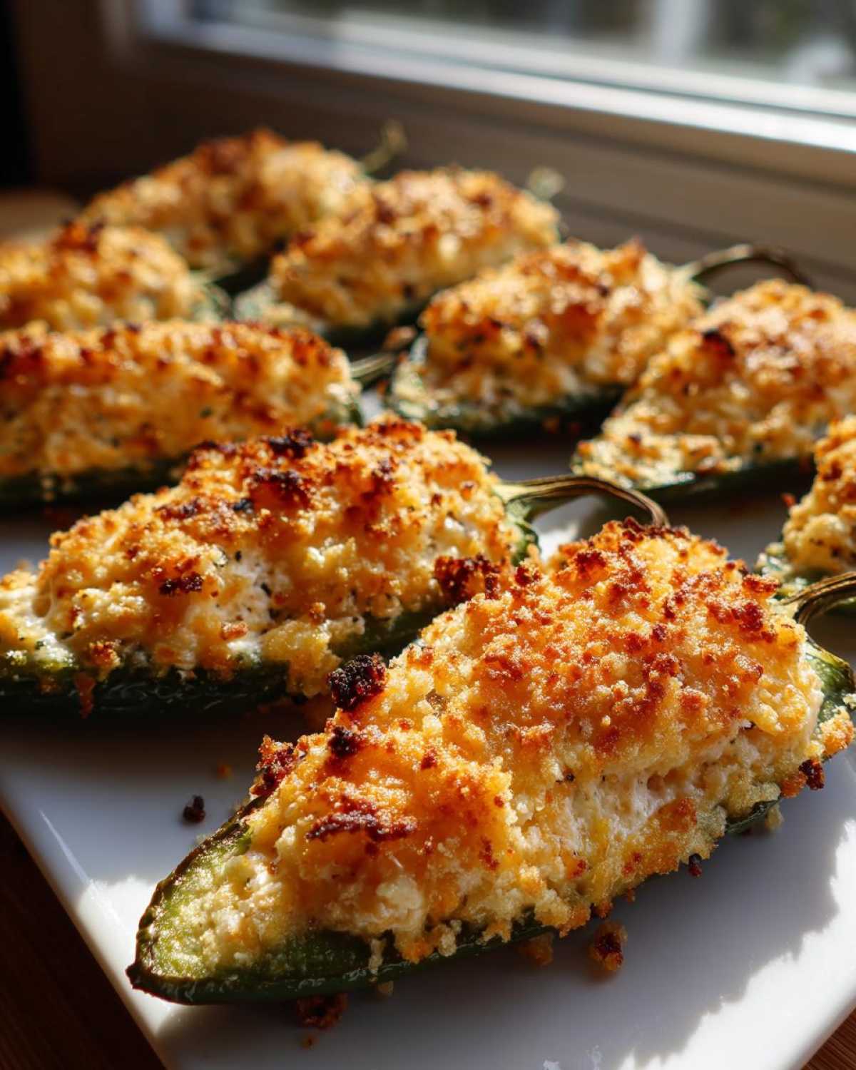 Close-up of baked jalapeño poppers with a crispy, golden breadcrumb topping served on a white platter.