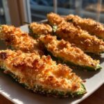 Close-up of baked jalapeño poppers stuffed with cream cheese and topped with golden, crispy breadcrumbs.