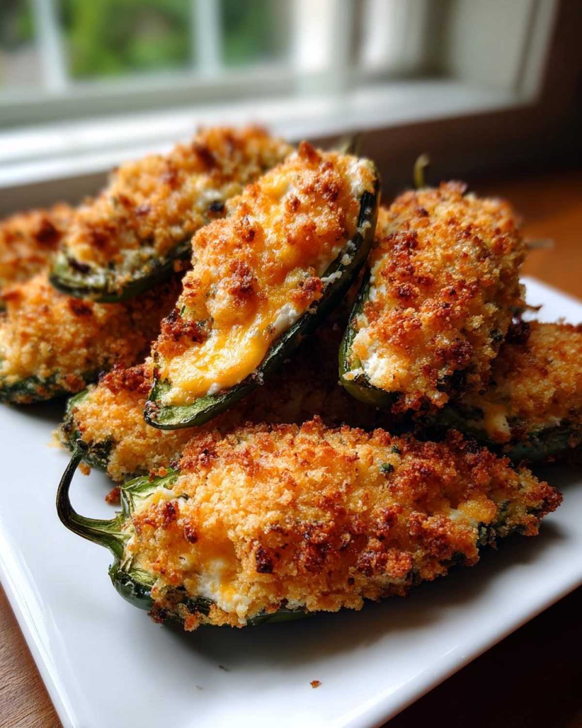 A plate piled high with baked jalapeño poppers, featuring a creamy filling and a golden, crispy breadcrumb topping.
