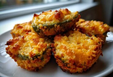 A close-up stack of four golden-brown, baked jalapeño poppers filled with cheese and breading.