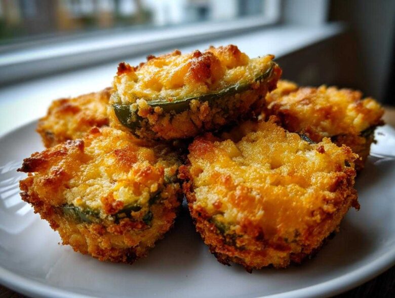 A close-up stack of four golden-brown, baked jalapeño poppers filled with cheese and breading.