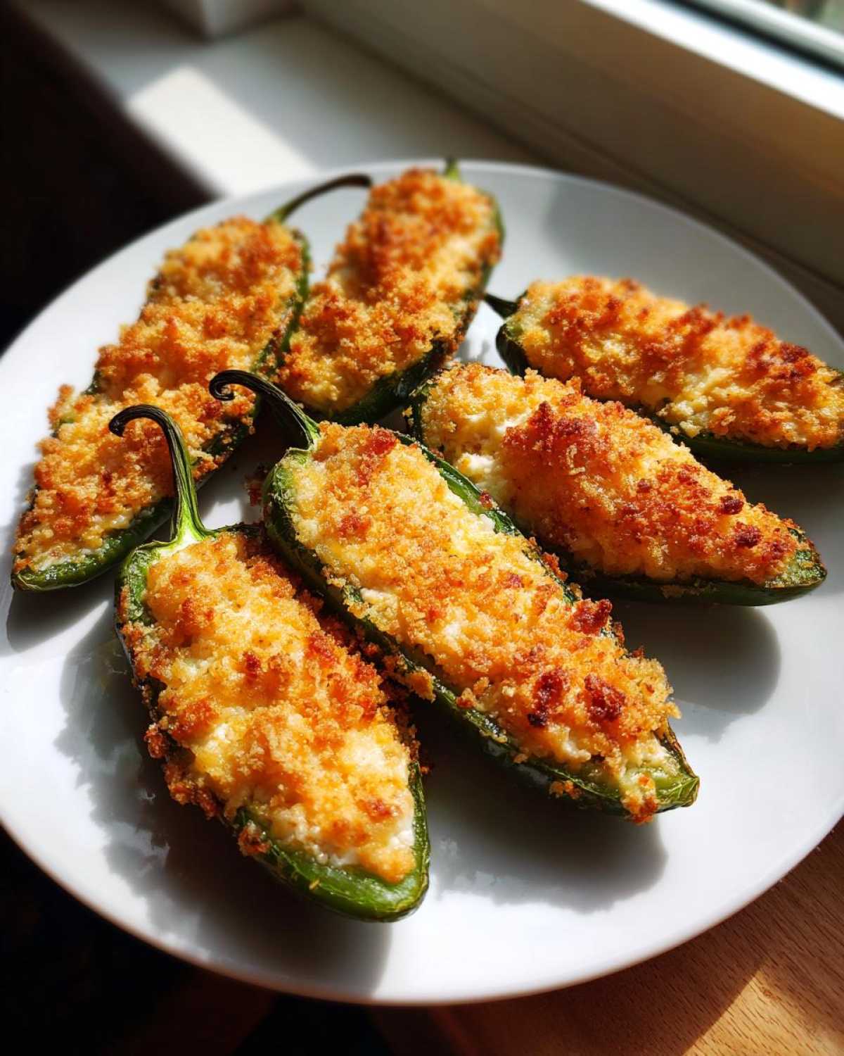 A plate of freshly baked Jalapeño poppers, halved and stuffed with creamy filling and topped with golden breadcrumbs.