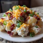 A serving of loaded baked potato salad topped with shredded cheddar, bacon bits, and green onions.