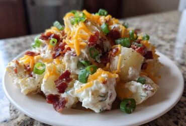 A serving of loaded baked potato salad topped with shredded cheddar, bacon bits, and green onions.