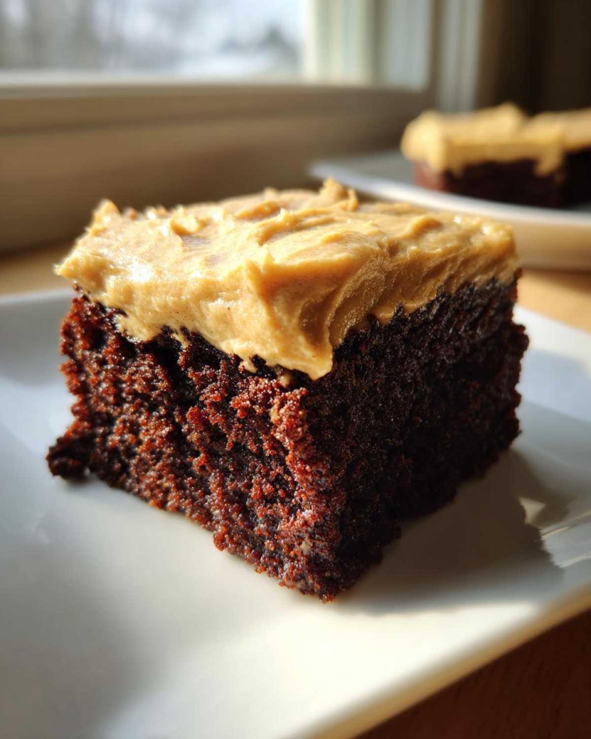 A close-up of a moist, dark chocolate banana bread brownies square topped with thick peanut butter frosting.