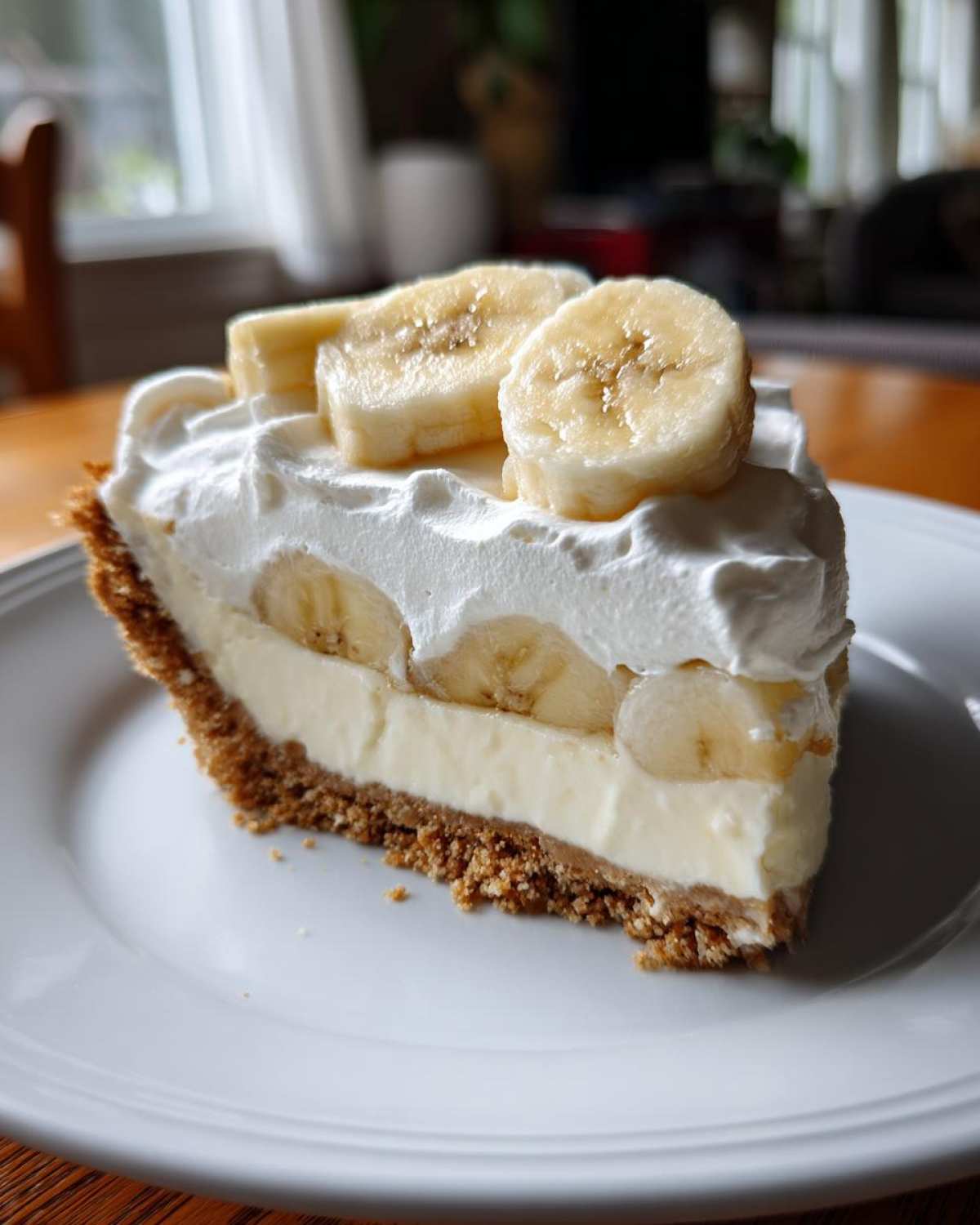 A perfect slice of banana cream pie recipe showing graham cracker crust, creamy filling, whipped cream, and fresh banana slices.