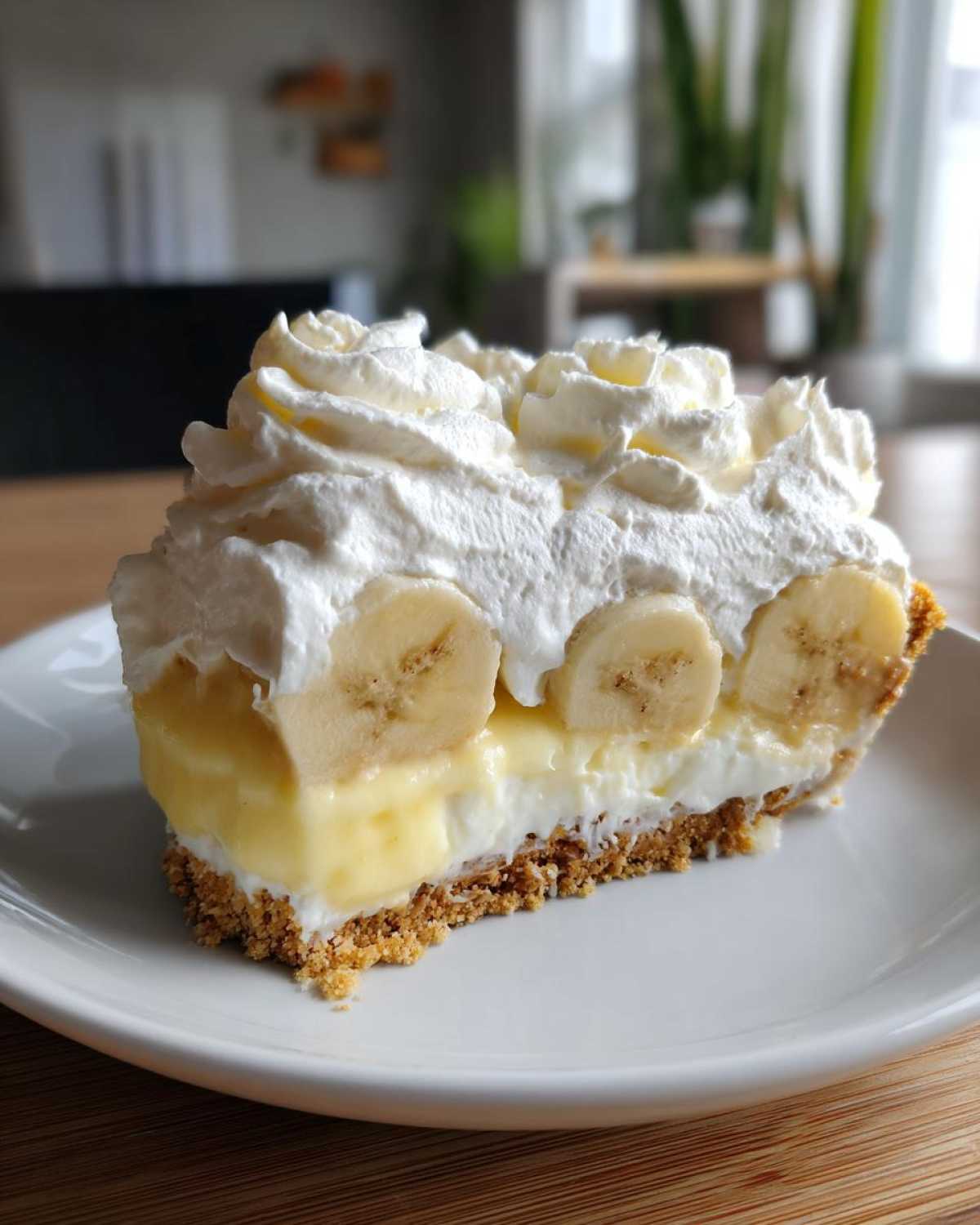 A perfect slice of banana cream pie recipe featuring a graham cracker crust, vanilla custard, banana slices, and whipped cream topping.