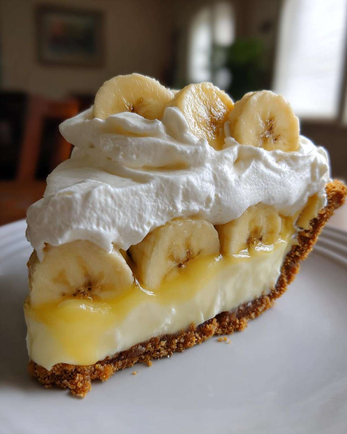 Close-up of a rich slice of banana cream pie recipe featuring a graham cracker crust, thick vanilla custard, fresh banana slices, and whipped cream.