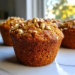 Close-up of a freshly baked banana nut muffin with a golden-brown top sprinkled generously with chopped nuts.