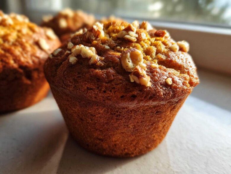 A close-up, sunlit photo of a perfectly baked banana nut muffin topped with chopped walnuts.