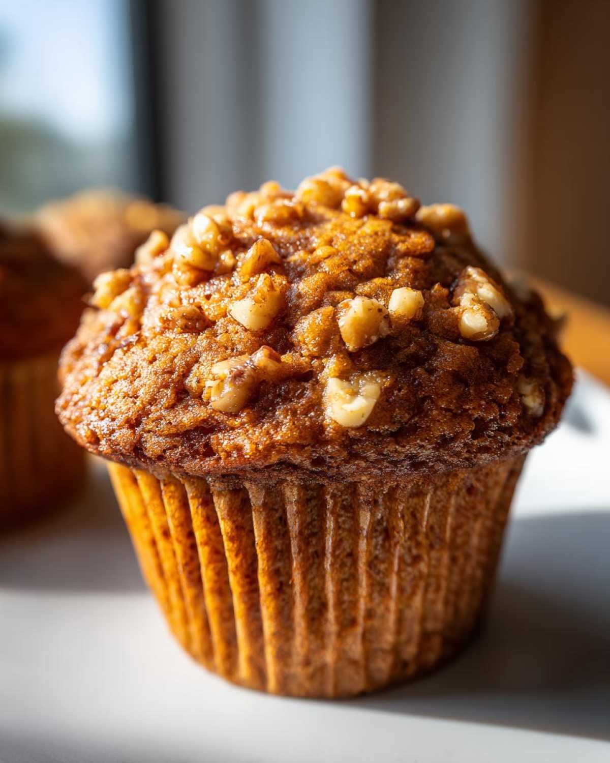 Close-up of a perfectly baked banana nut muffin topped generously with chopped walnuts.