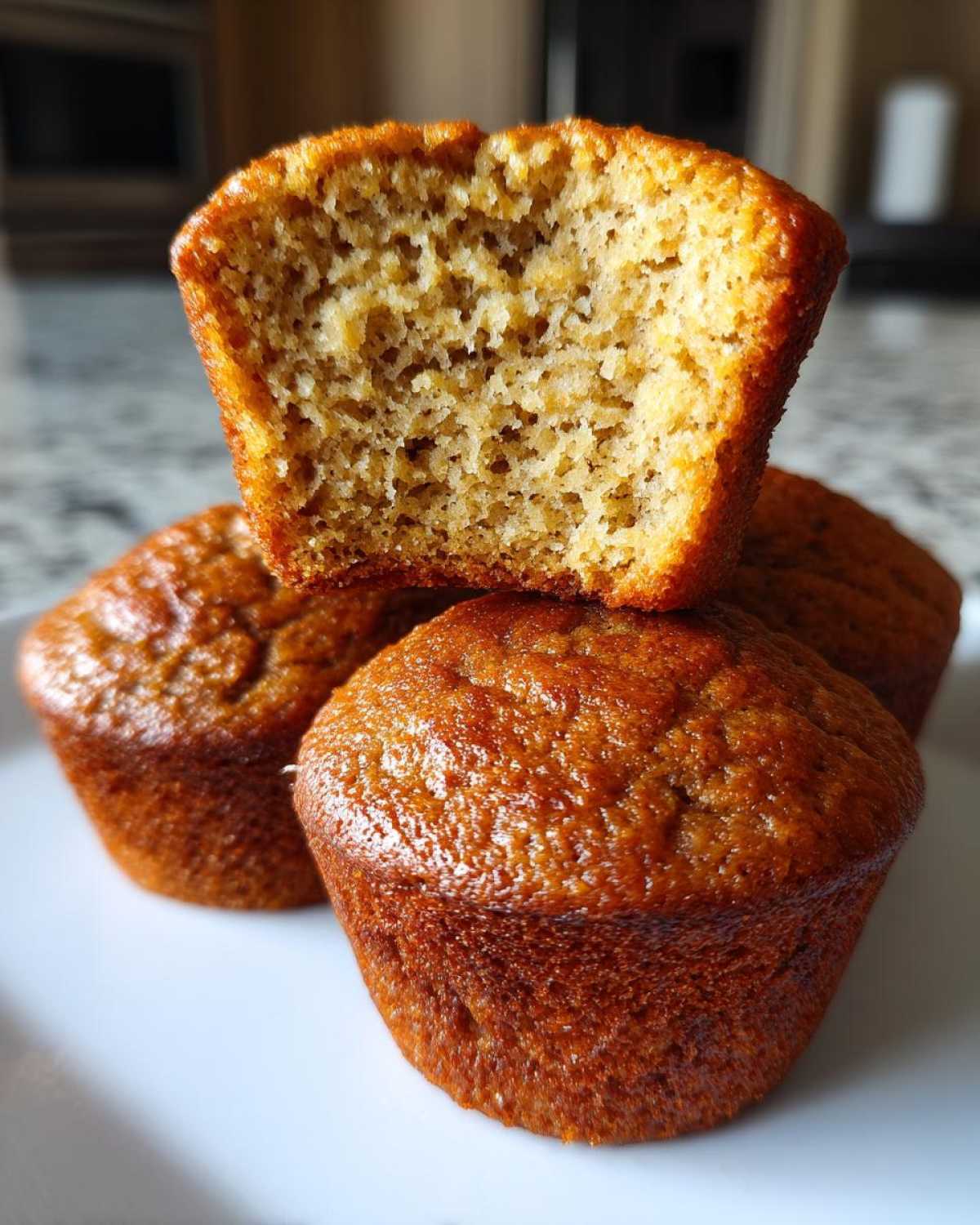 Close-up of banana protein muffins, showing the moist, airy crumb texture of one muffin cut in half on top of others.