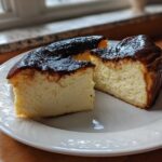 Two slices of creamy Basque burnt cheesecake with a dark caramelized top served on a white plate.
