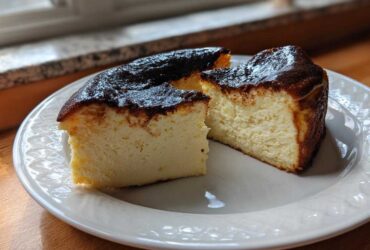 Two slices of creamy Basque burnt cheesecake with a dark caramelized top served on a white plate.