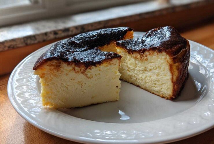 Two slices of creamy Basque burnt cheesecake with a dark caramelized top served on a white plate.