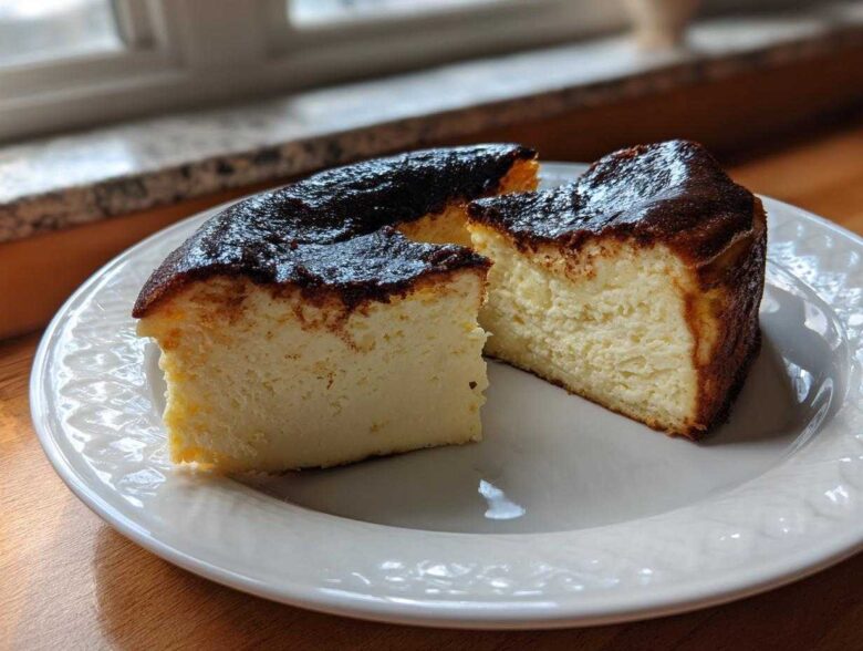 Two slices of creamy Basque burnt cheesecake with a dark caramelized top served on a white plate.
