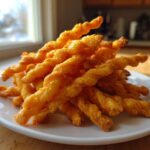 A pile of golden, twisted, baked cheese straws recipe snacks stacked on a white plate near a bright window.