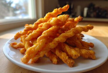 A pile of golden, twisted, baked cheese straws recipe snacks stacked on a white plate near a bright window.