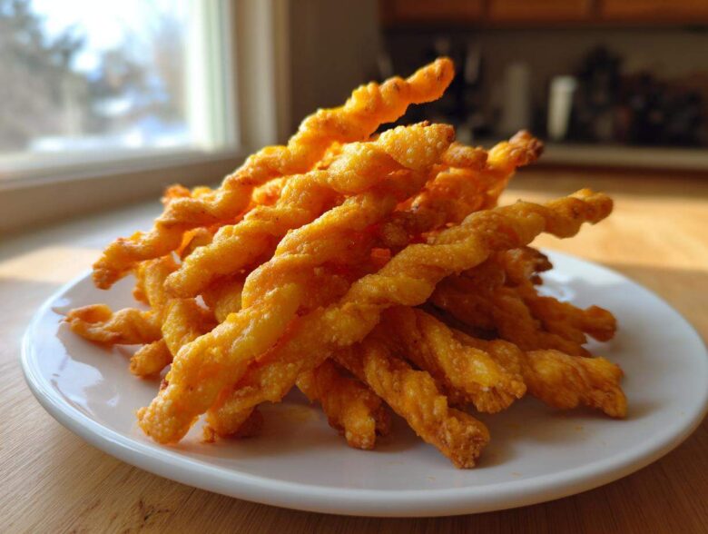A pile of golden, twisted, baked cheese straws recipe snacks stacked on a white plate near a bright window.