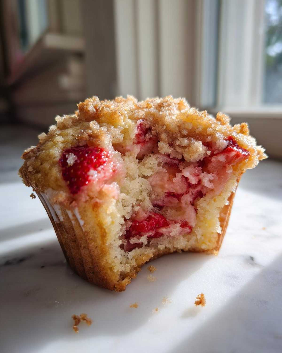 A close-up of a strawberry muffins with a bite taken out, revealing juicy strawberries inside and a crumb topping.