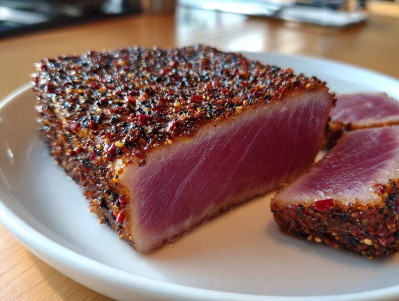 Close-up of a thick, perfectly seared Blackened Tuna Steak, showing a deep red, rare center and a thick spice crust.