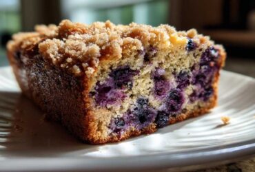 A moist slice of blueberry banana bread featuring a rich crumb topping and visible blueberries throughout the tender crumb.