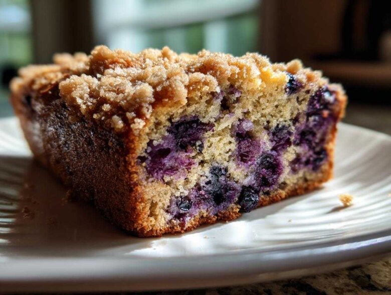 A moist slice of blueberry banana bread featuring a rich crumb topping and visible blueberries throughout the tender crumb.