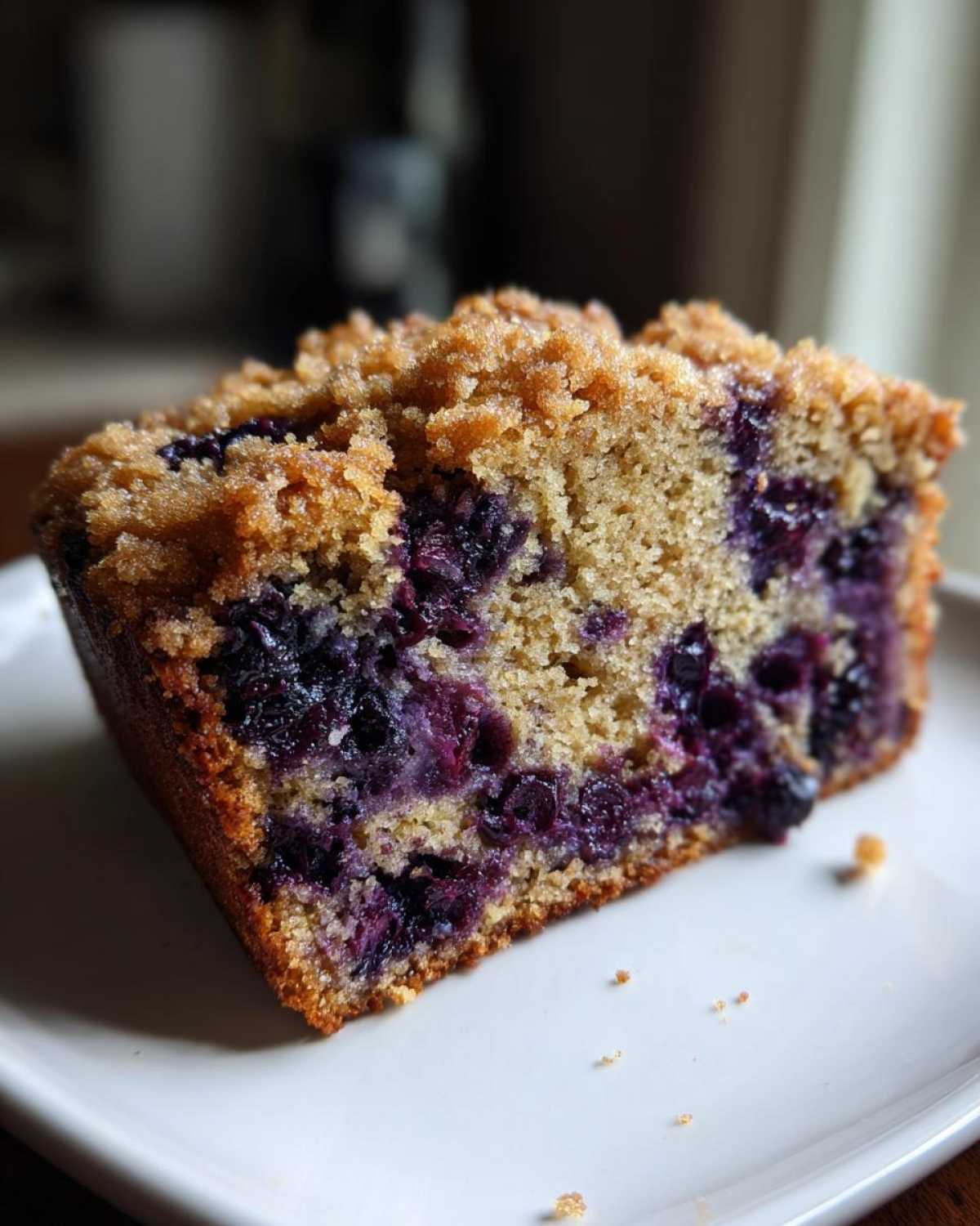 Close-up of a moist slice of blueberry banana bread featuring dark purple blueberries and a crunchy brown sugar crumb topping.