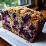 Close-up of a moist slice of blueberry banana bread featuring a generous amount of purple blueberries and a sugary crumb topping.