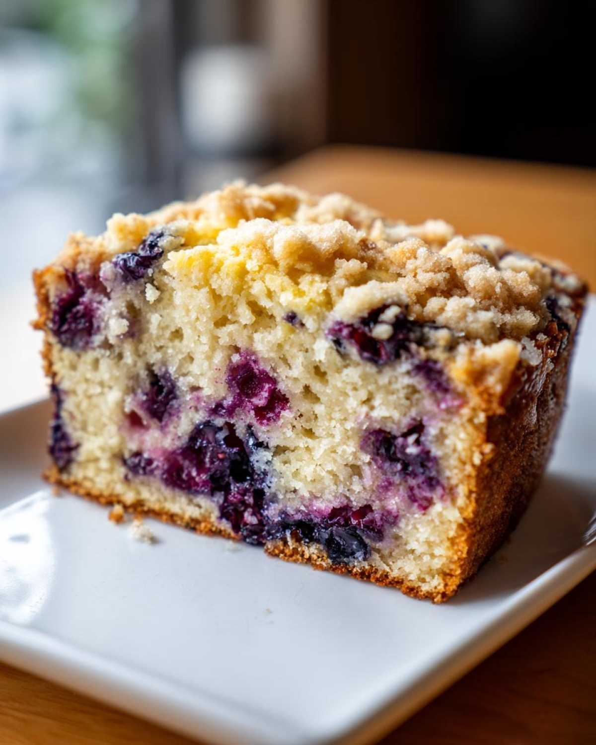 Close-up of a moist slice of blueberry banana bread topped with sweet streusel.