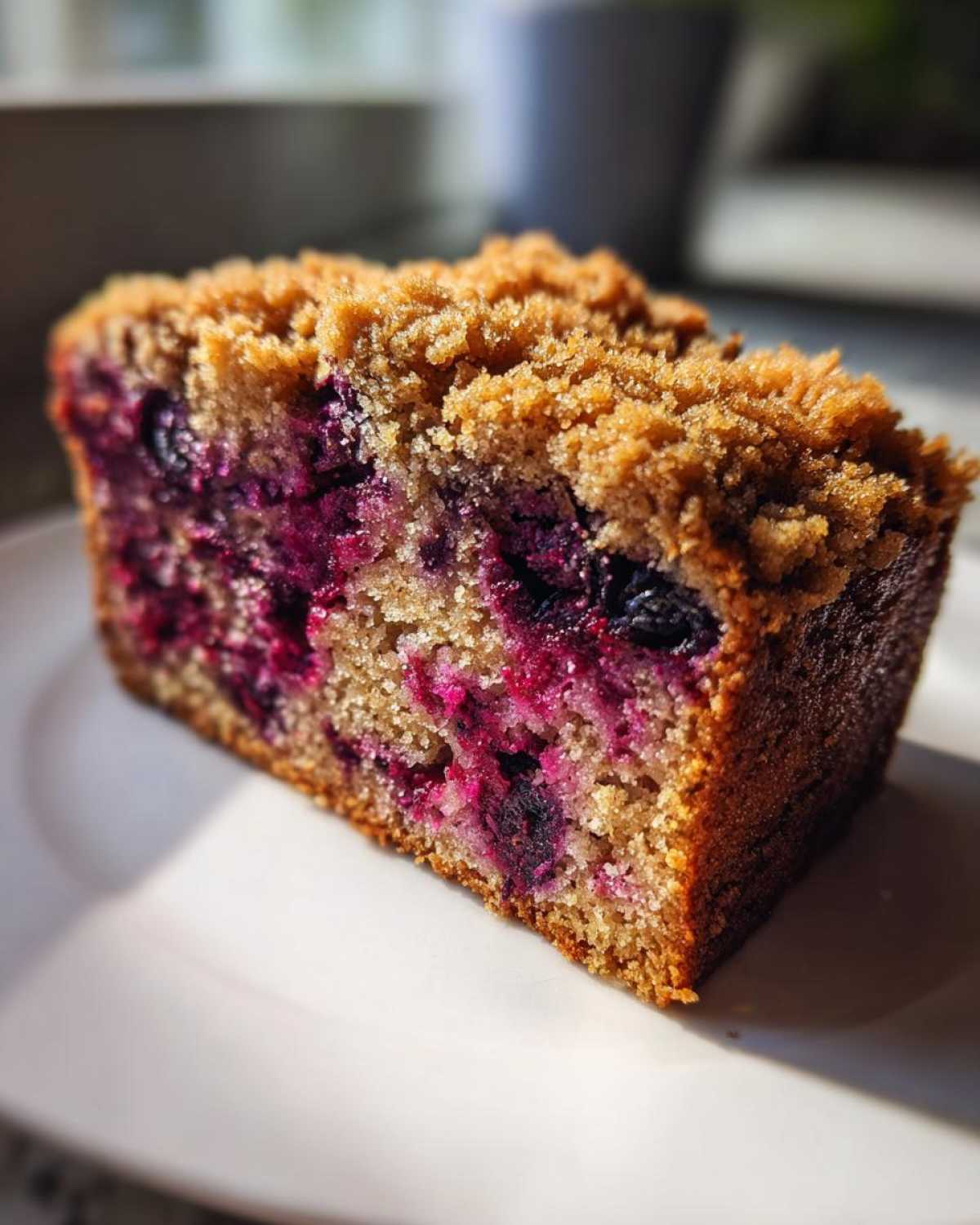 Close-up of a moist slice of blueberry banana bread featuring vibrant purple blueberries and a crunchy brown sugar streusel topping.