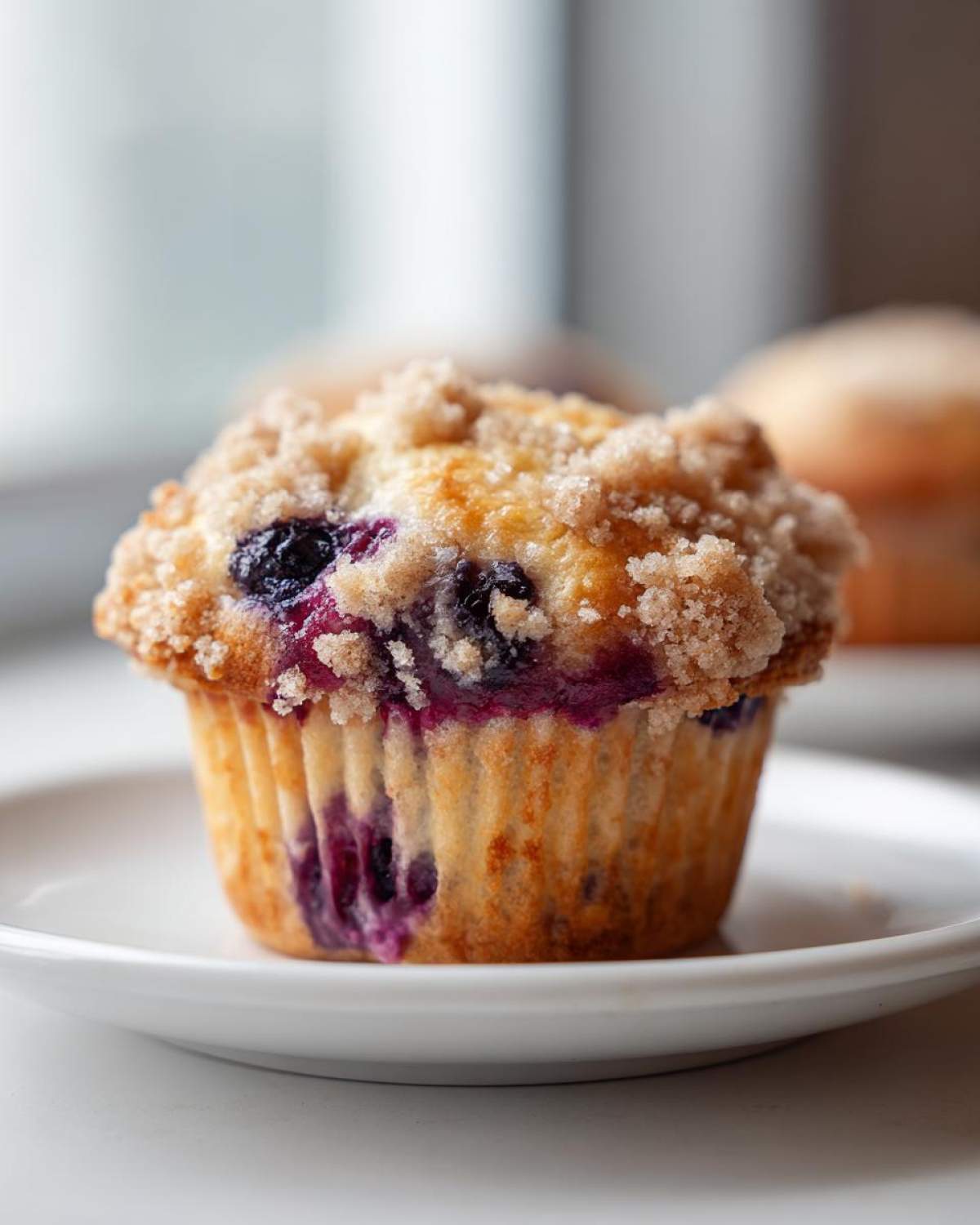 Close-up of a golden-brown blueberry muffin with a sugary crumb topping, showing burst blueberries.