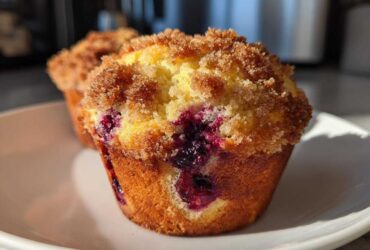 A close-up of a golden brown blueberry muffin featuring a thick, sugary crumb topping and visible burst blueberries.