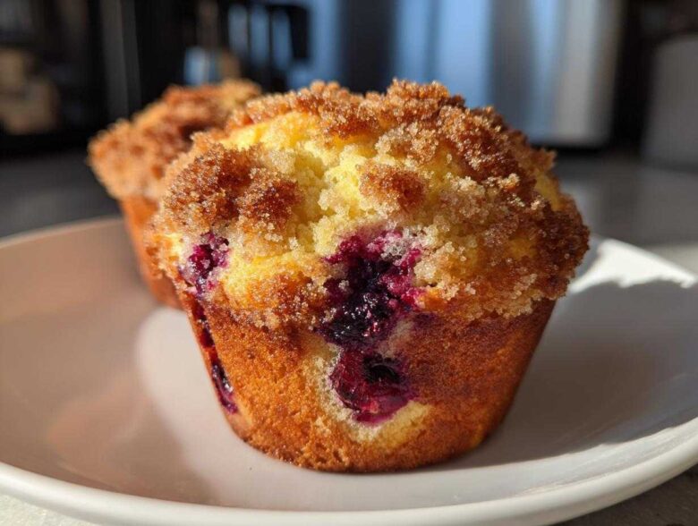 A close-up of a golden brown blueberry muffin featuring a thick, sugary crumb topping and visible burst blueberries.