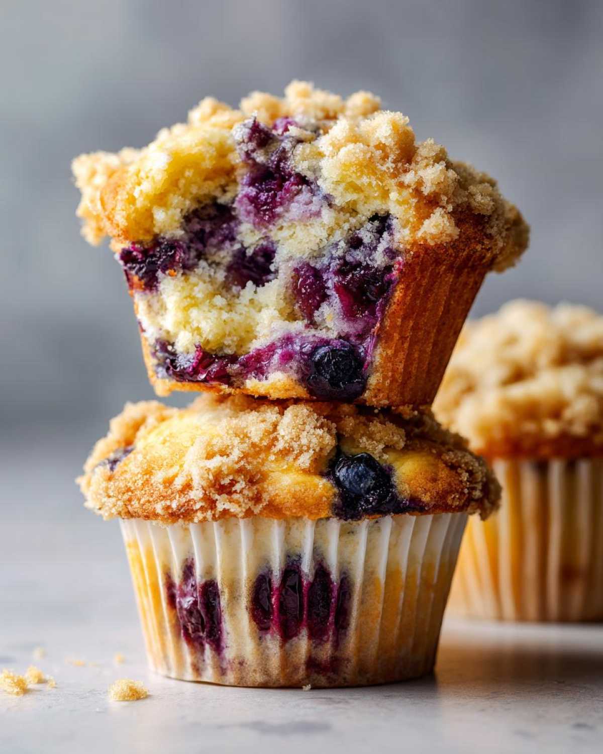 Two delicious blueberry muffins stacked, showing the moist interior packed with blueberries and a crunchy streusel topping.