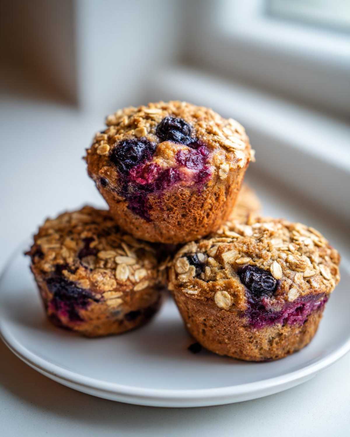 Three freshly baked blueberry oatmeal muffins stacked on a white plate, showing juicy berries and an oat crumble topping.