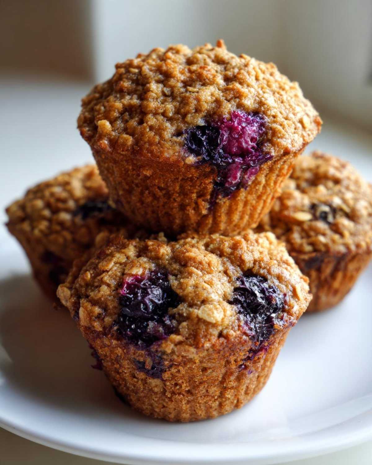 A stack of golden brown blueberry oatmeal muffins with visible oat crumble topping and bursting blueberries.