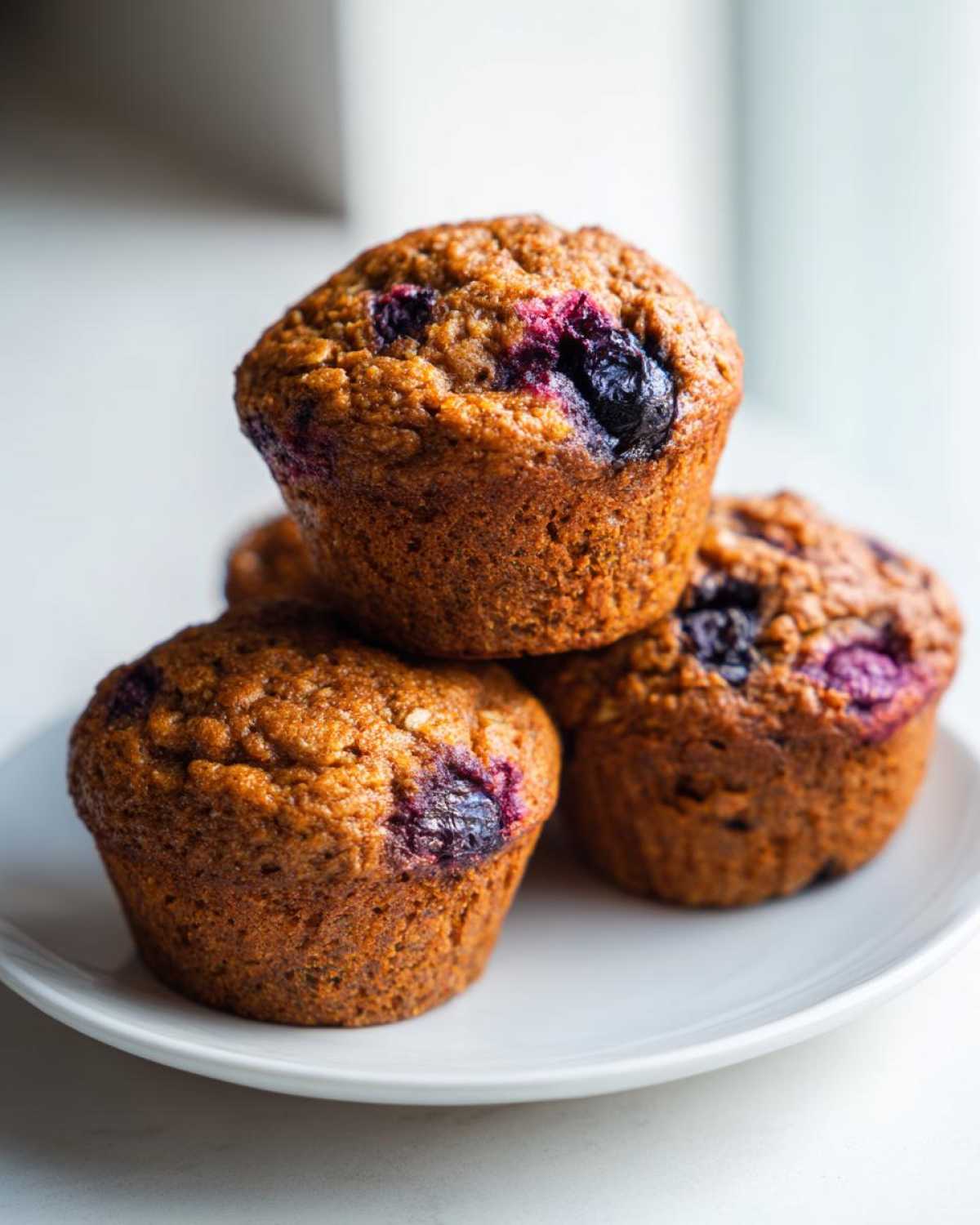A close-up stack of three golden-brown blueberry oatmeal muffins resting on a white plate.