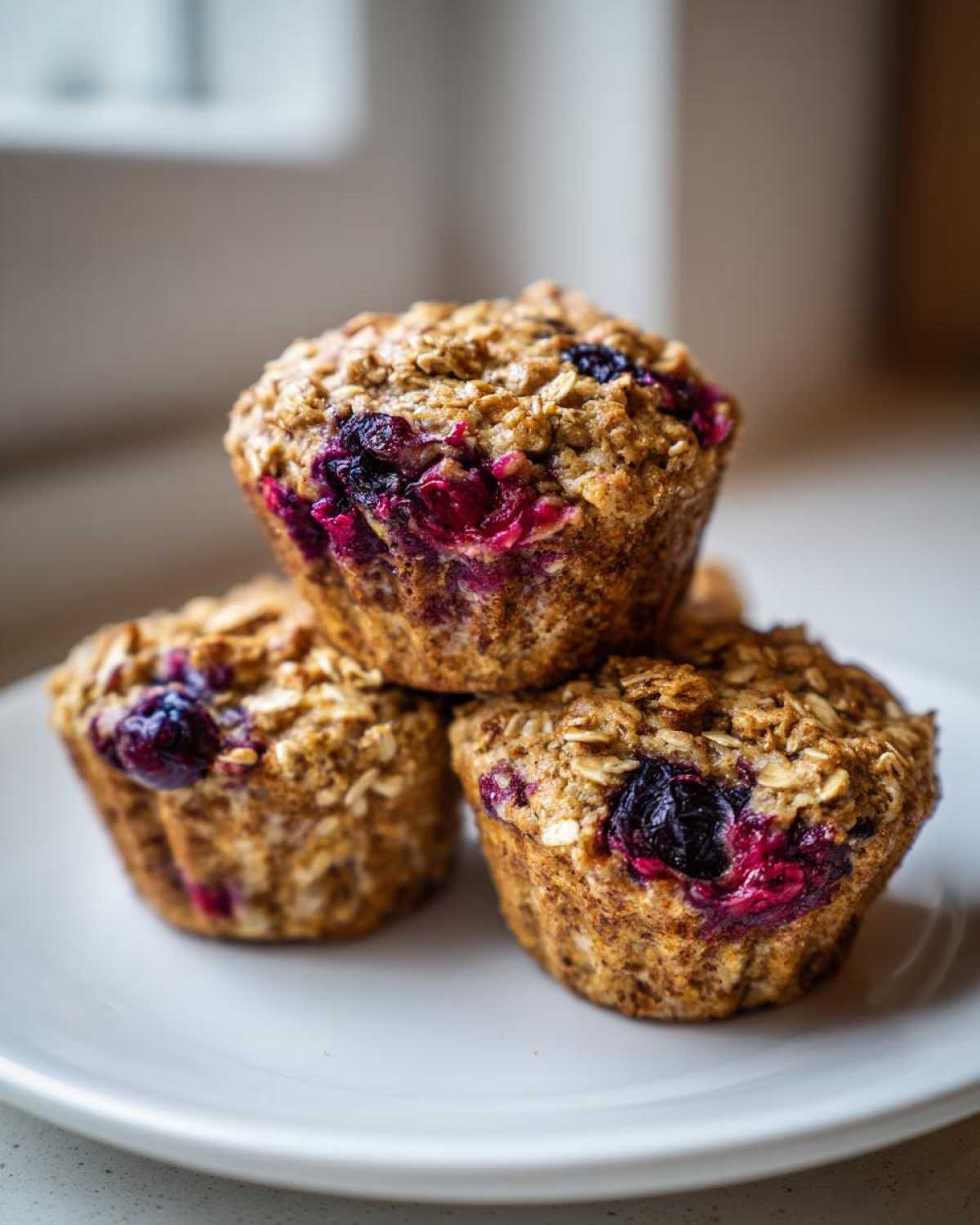 Three freshly baked blueberry oatmeal muffins stacked on a white plate, showcasing visible oats and burst blueberries.