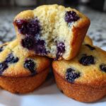 Close-up of three golden blueberry protein muffins, one cut in half showing the moist interior and berries.