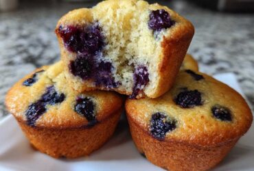 Close-up of three golden blueberry protein muffins, one cut in half showing the moist interior and berries.