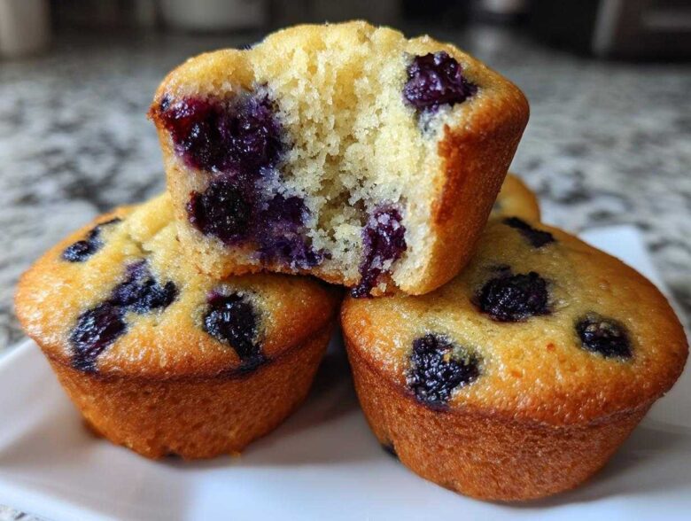 Close-up of three golden blueberry protein muffins, one cut in half showing the moist interior and berries.