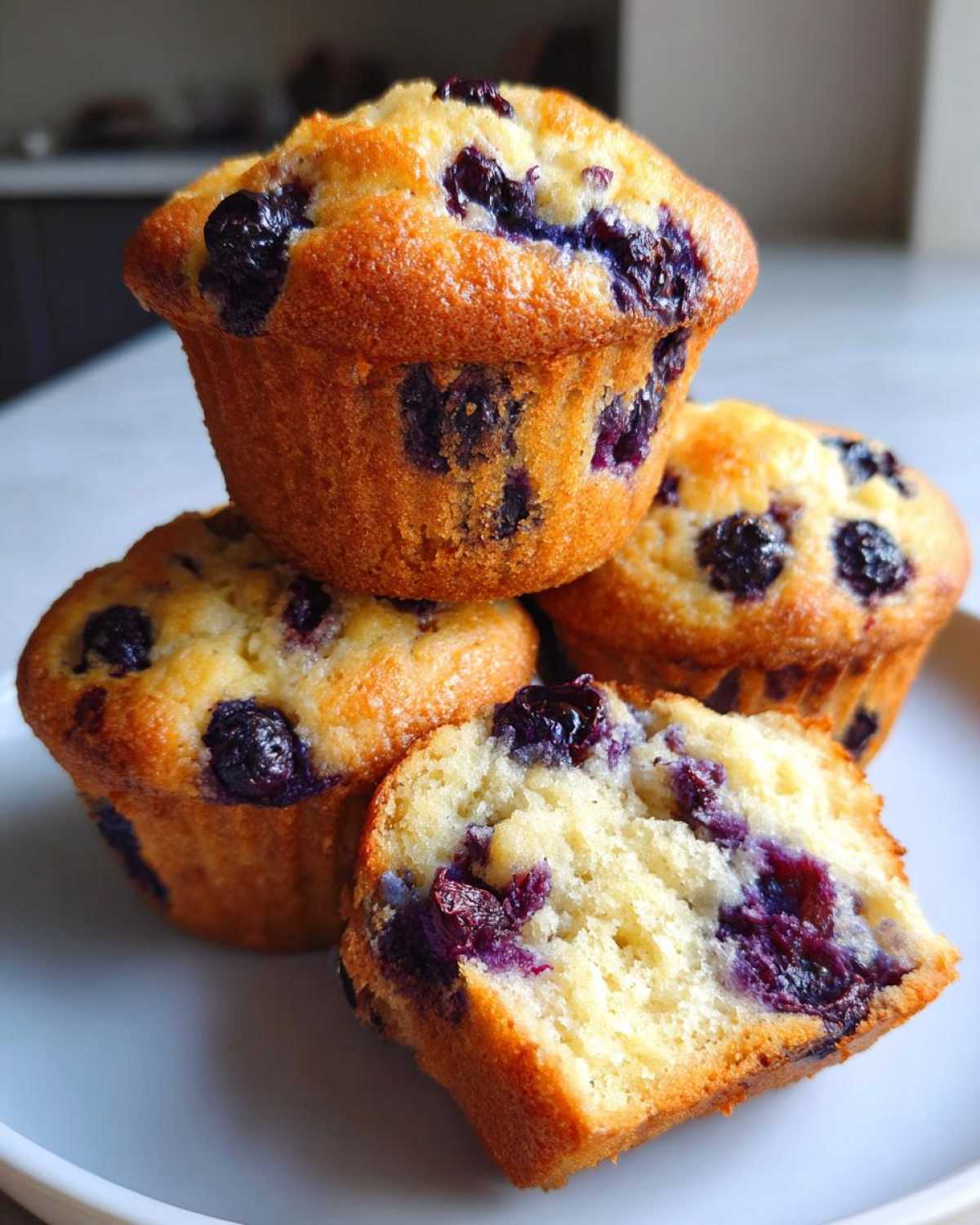 A stack of golden blueberry protein muffins, with one cut in half showing the moist interior.